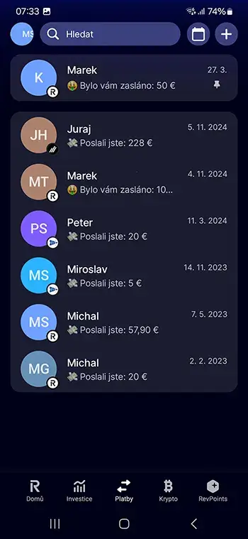 Revolut mobilní aplikace - Platební záložka
